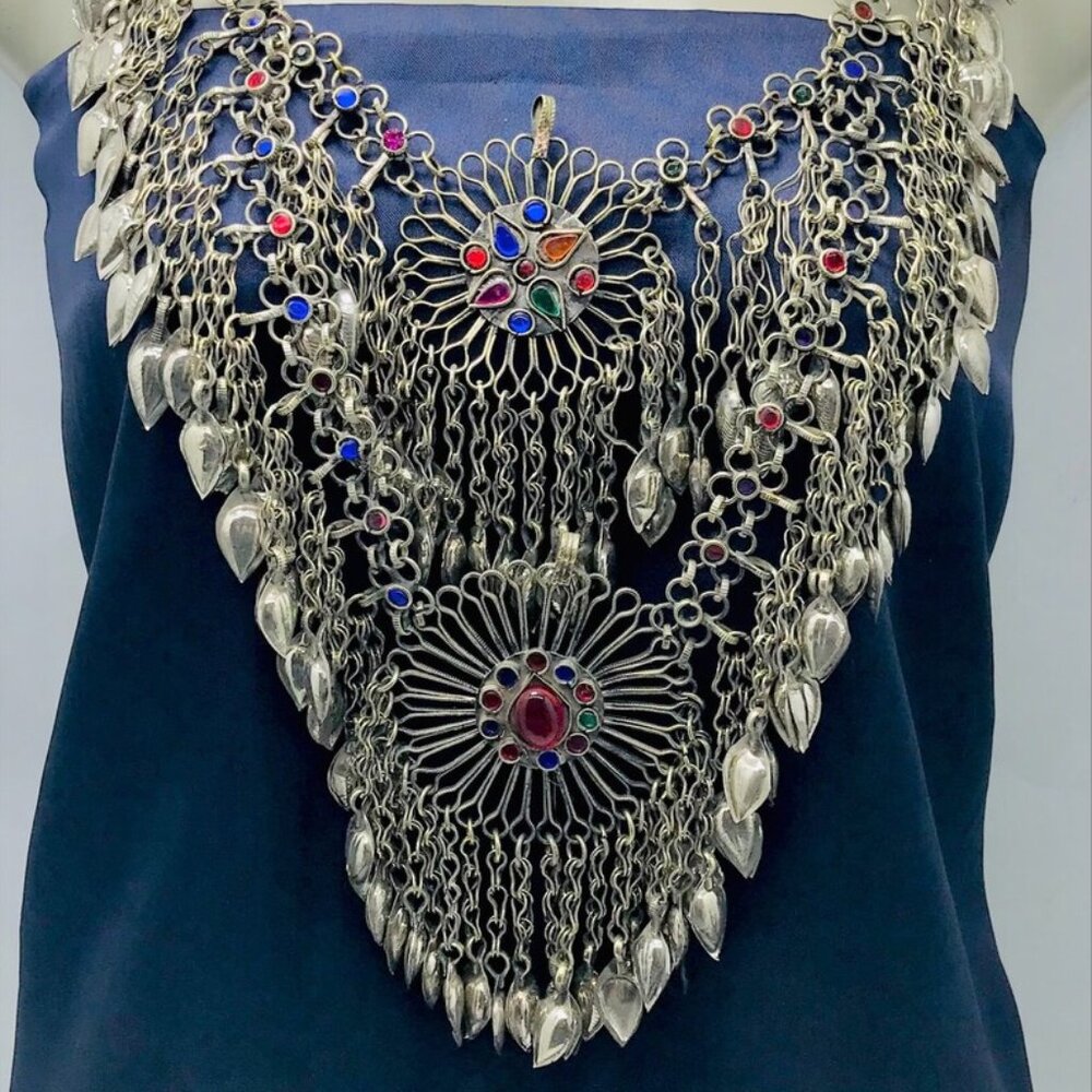 Vintage Oversized Bib Necklace, Tribal Necklace Embellished with Leaf Style Dang